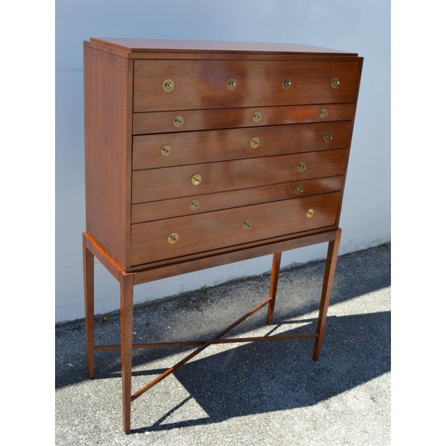 Baker Furniture Company 1960 Baker Furniture Mahogany Federal Style Chest on Stand Ornate Brass Hardware For Sale - Image 4 of 11