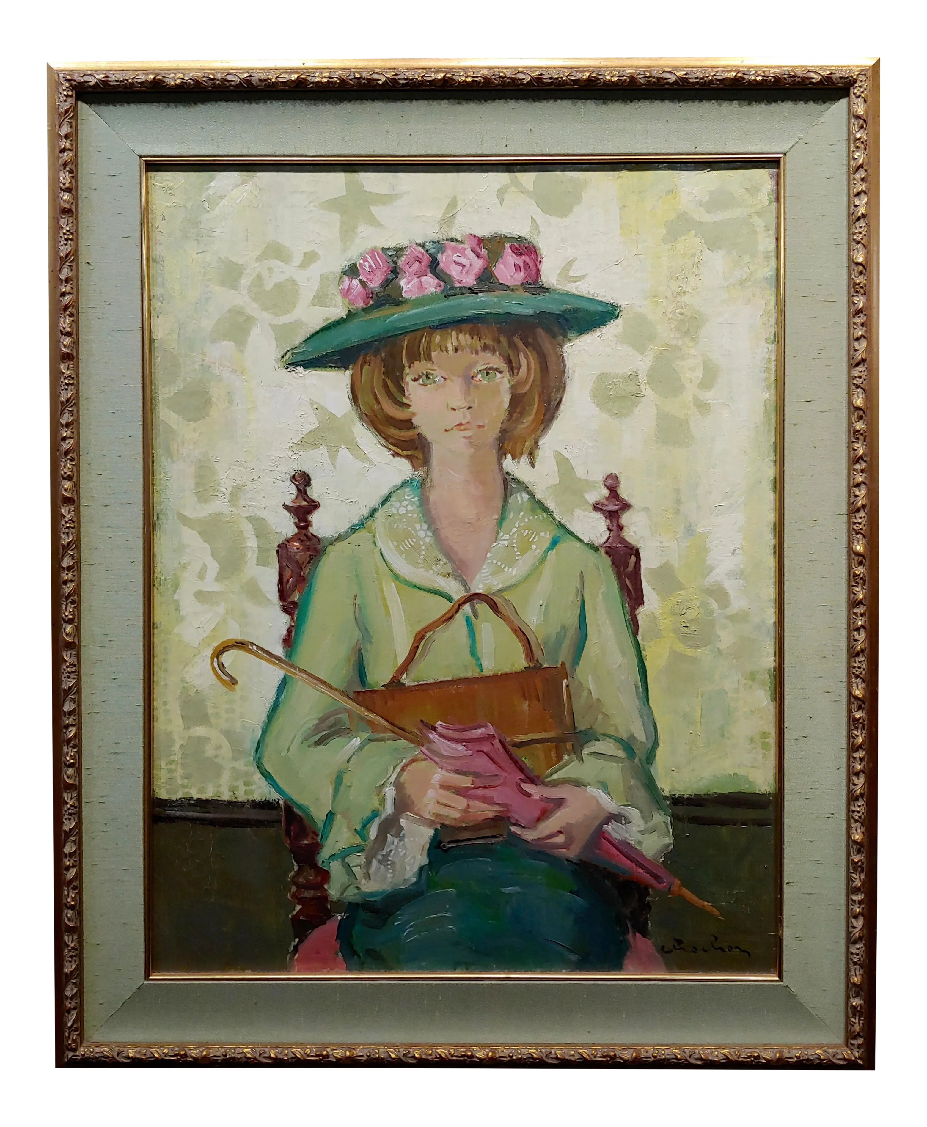 Andre Chochon -Portrait of a Big Green Eyes Girl in a Hat -Oil