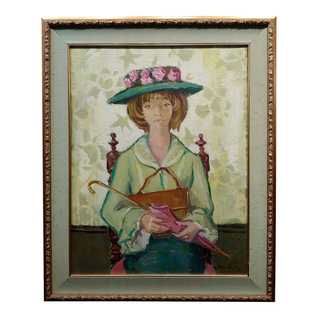 Andre Chochon -Portrait of a Big Green Eyes Girl in a Hat -Oil Painting For Sale