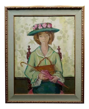 Andre Chochon -Portrait of a Big Green Eyes Girl in a Hat -Oil Painting