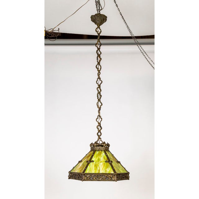 1910s Early 20th Century Cast Bronze & Green Amber Slag Glass Hex Paneled Pendant Light For Sale - Image 5 of 13