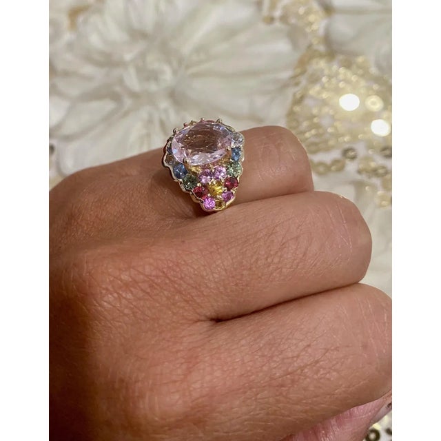 4.83 Carat Pink Morganite Multicolor Sapphire Yellow Gold Cocktail Ring, Size 5.5 For Sale In Los Angeles - Image 6 of 7