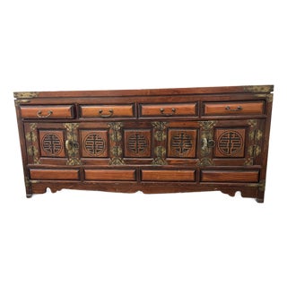 Vintage Chinese Export Solid Wood Low Credenza / Media Console With Double Happiness Fretwork For Sale