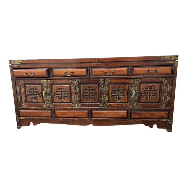 Vintage Chinese Export Solid Wood Low Credenza / Media Console With Double Happiness Fretwork For Sale