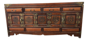 Vintage Chinese Export Solid Wood Low Credenza / Media Console With Double Happiness Fretwork