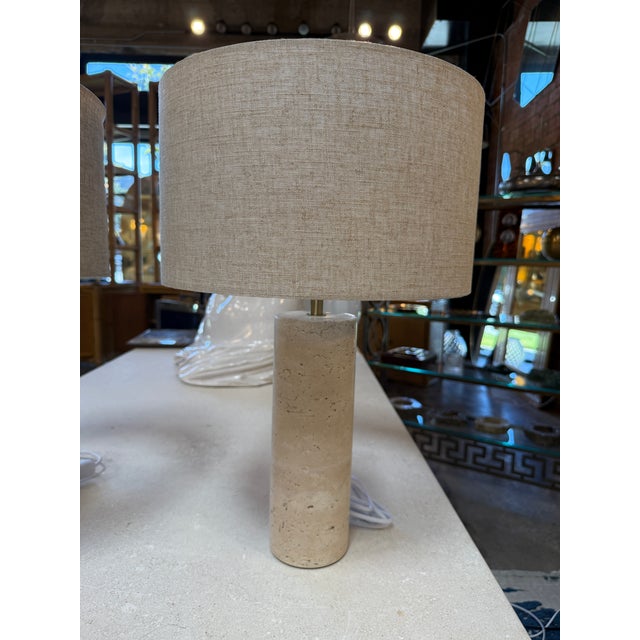 1970s Travertine Cylinder Table Lamps With Linen Drum Shades - a Pair For Sale - Image 4 of 12