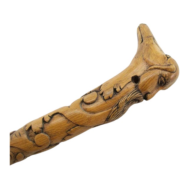 Antique Folk Art Carved Wood Dog Animal & Bearded Man Double Face Walking Stick For Sale