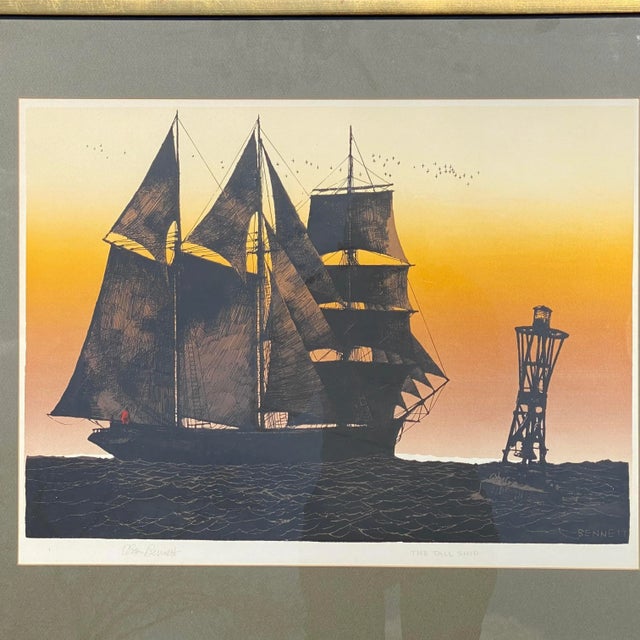 Mid-Century Modern Elton Bennett (1910-1974) “The Tall Ship” Signed Nautical Silkscreen For Sale - Image 3 of 12