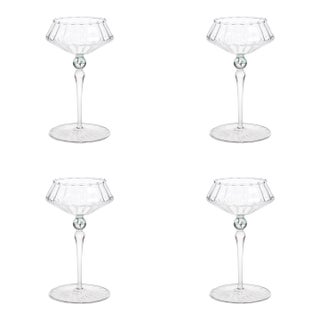 Ondine 4-Piece Set Fluted Coupe Glasses, Clear with Lagoon Green Accent For Sale