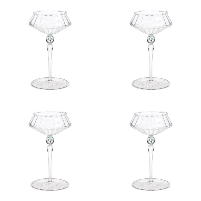 Ondine 4-Piece Set Fluted Coupe Glasses, Clear with Lagoon Green Accent For Sale