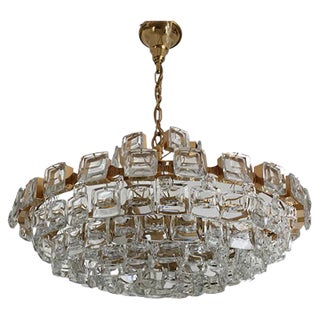 Large Brutalist Crystal & Gilded Brass Chandelier from Palwa For Sale
