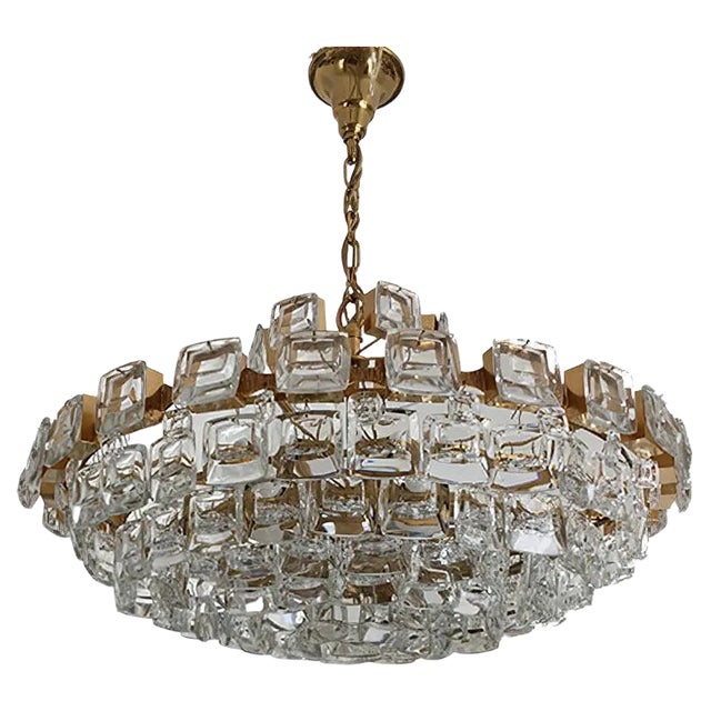 Large Brutalist Crystal & Gilded Brass Chandelier from Palwa For Sale