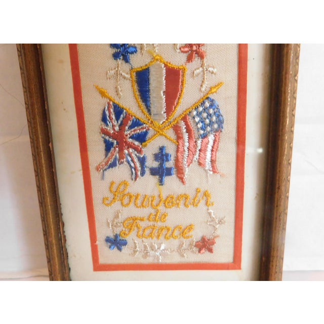 Antique Silk Embroidered Gold Leaf Framed Postcard of Flags of the WWI Allies, France, England and the United States. This...