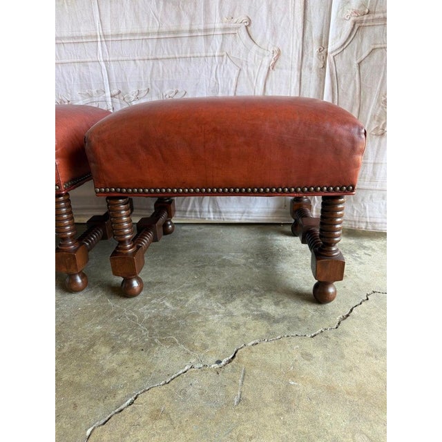 Spanish Colonial Revival Leather Benches With Antique Brass Trim, 1960 For Sale - Image 11 of 12