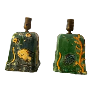 Signed Mid Century Ceramic Artist Aquarium Lamps - a Pair