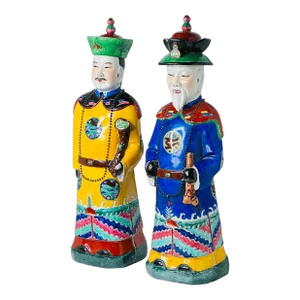 Massive Ancestral Earthenware Mandarin Dignitaries Asian Figurines a Pair