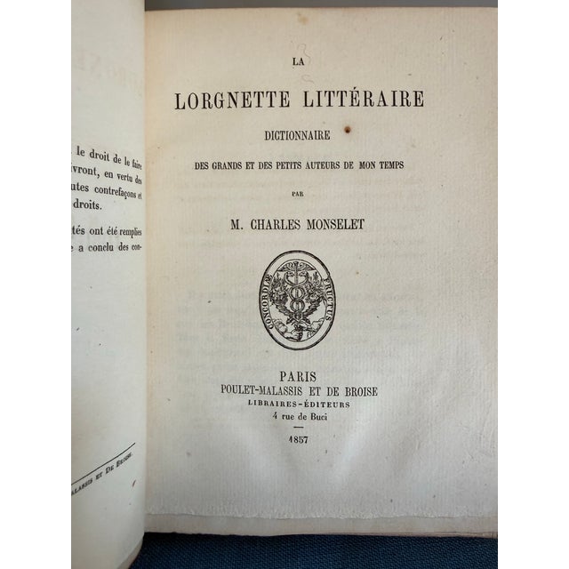 La Lorgnette Littéraire: Dictionnaire Des Grands Et Des Petits Auteurs De Mon Temps. Rare 1857 Edition. For Sale - Image 4 of 4