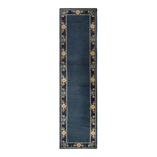 1920s Blue Ground Open Field Floral Antique Chinese Peking Runner Knotted Rug For Sale