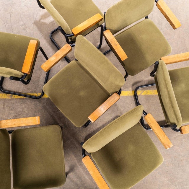 Olive Vintage Cantilever Peninsular Blue Frame Dining Chairs with Sage Green Upholstery, 1970s, Set of 7 For Sale - Image 8 of 13