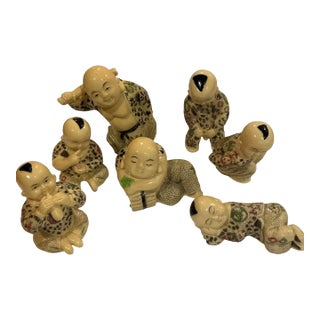 (7) Vintage Chinese Boys Men Resin Figurines Scrimshaw Hand Carved - For Sale