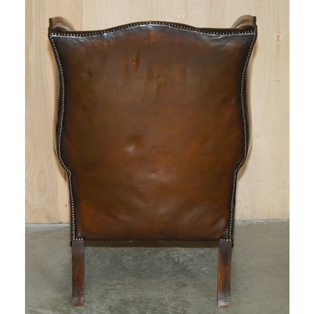 Vintage Pair of Chesterfield Chestnut Brown Leather Wingback Armchairs & Footstools For Sale - Image 12 of 18