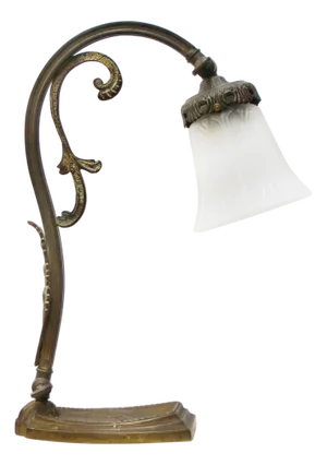 Art Nouveau French Brass & Frosted Glass Table Lamp