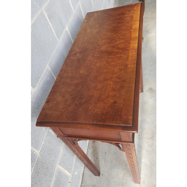 Chippendale 1970s Chippendale Walnut Burl Console Table With Fredwork and Banded Top For Sale - Image 3 of 10