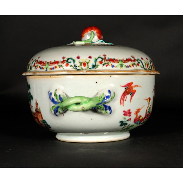 Mid 18th Century Chinese Export Famille Rose Tureen and Cover, Meissen-Style Harbor Scene With Cranes For Sale - Image 5 of 6