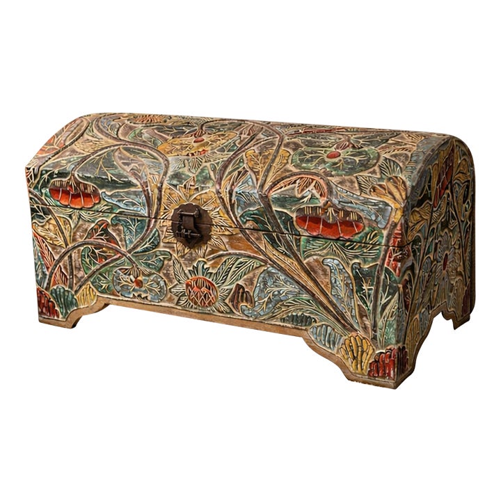 Hand-Painted Botanical Folk Art Teak Wood Storage Trunk – One-of-a-Kind ...