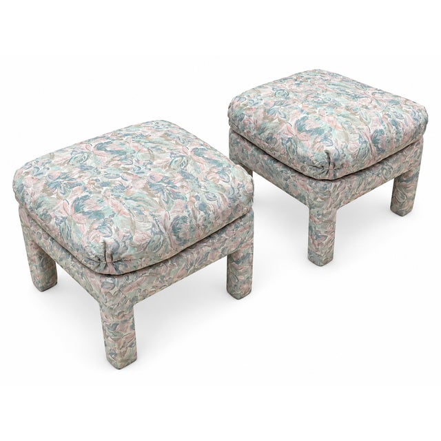 Stylish pair of Postmodern Mid-Century upholstered ottomans featuring clean architectural lines and generously padded,...
