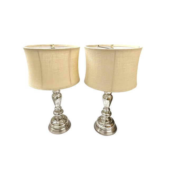 Hollywood Regency Pottery Barn Leera Mercury Glass Lamps With Original Linen Shades - a Pair For Sale - Image 3 of 16