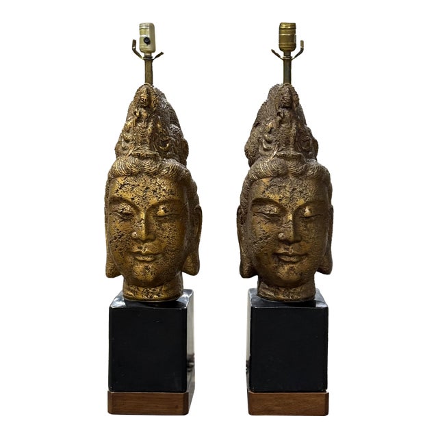 1960s James Mont Style Buddha Head Lamps - a Pair For Sale