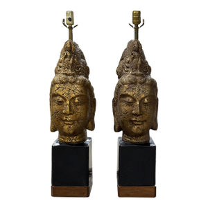 1960s James Mont Style Buddha Head Lamps - a Pair