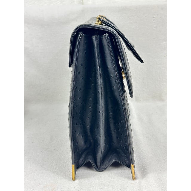 Vintage Chic De Paris Black Ostrich Embossed Leather Top Handle Portfolio Bag For Sale - Image 10 of 12