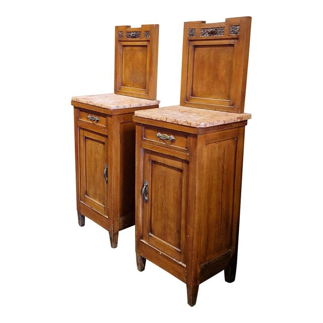 Wood Tall Wooden Bedside Tables with Marble Top, 1970s, Set of 2 For Sale - Image 7 of 14
