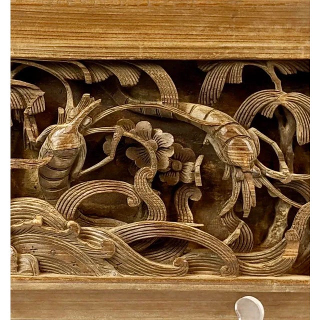 This is a hand carved relief carving of two delightful swimming shrimp in sea grass. This was likely a decorative...