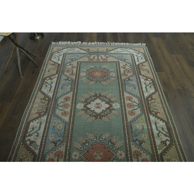 1970s Vintage Turkish Handmade Wool & Cotton Green Area Rug | Chairish