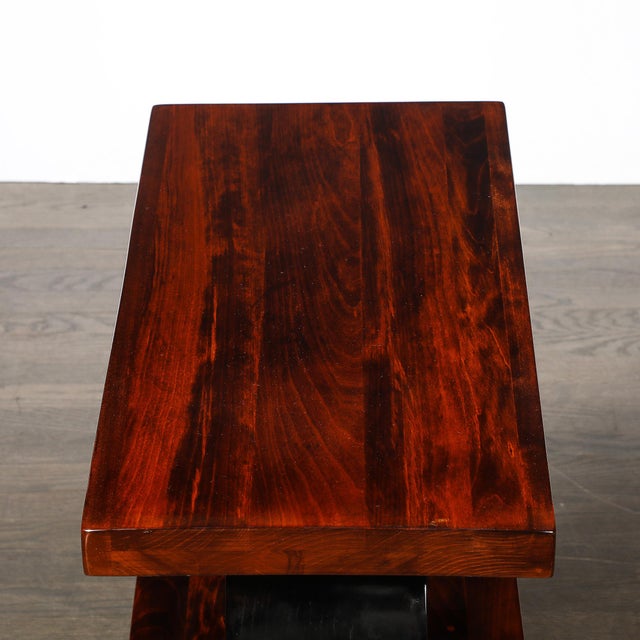 Art Deco Machine Age 3-Tier Walnut Side Table W/ Black Lacquer Round Support For Sale In New York - Image 6 of 14