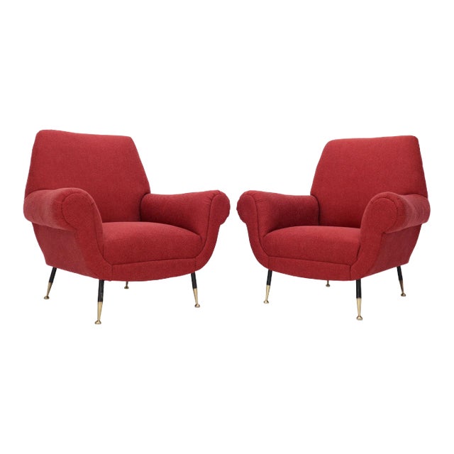 Pair of Red Upholstery Italian Lounge Chairs Brass Feet For Sale