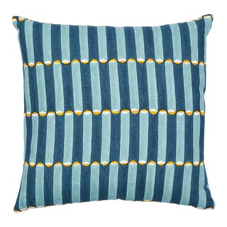 Schumacher X Molly Mahon Pattee & Luna 22" Pillow in Tumeric & Blue For Sale