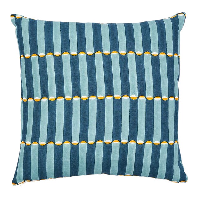Schumacher X Molly Mahon Pattee & Luna 22" Pillow in Tumeric & Blue For Sale
