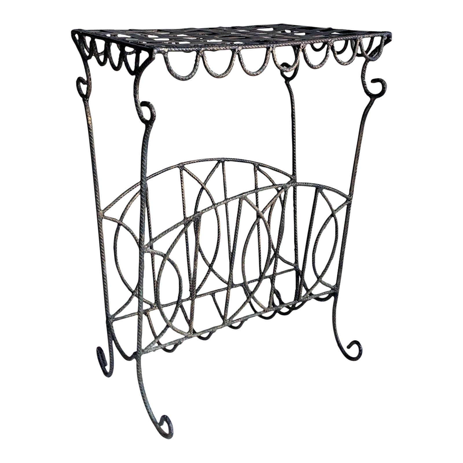 Late 20th Century Vintage Worught Iron Garden Table With Magazine Rack