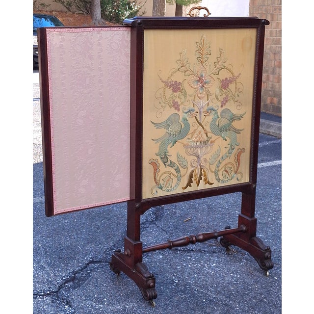 Mid 19th Century 19th Century Victorian Carved Walnut and Embroidered Silk Rolling Fireplace Screen For Sale - Image 5 of 13