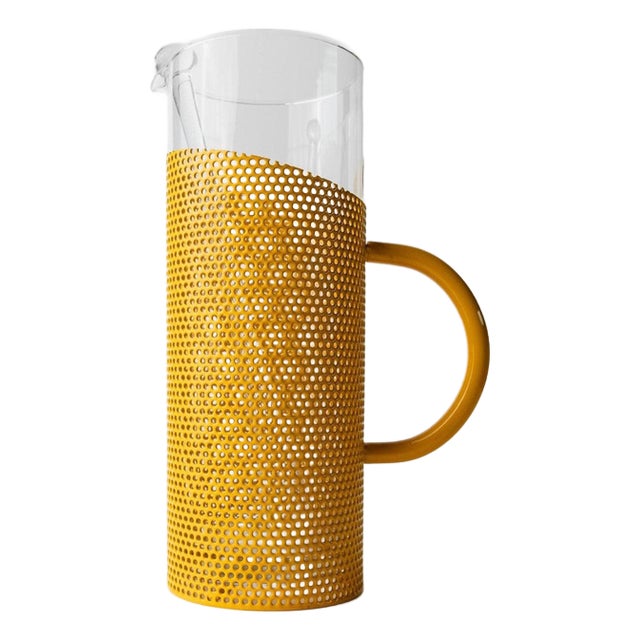 Vintage Glass Pitcher with Yellow Metal Handle and Glass Pestle by De Agostini, Italy, 1980s For Sale