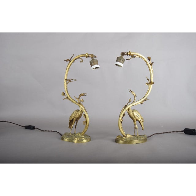 Art Deco Gilt Bronze Sculpted Crane Table Lamps with Branch and Leaf Stems, Europe, 1930s, Set of 2 For Sale - Image 16 of 17
