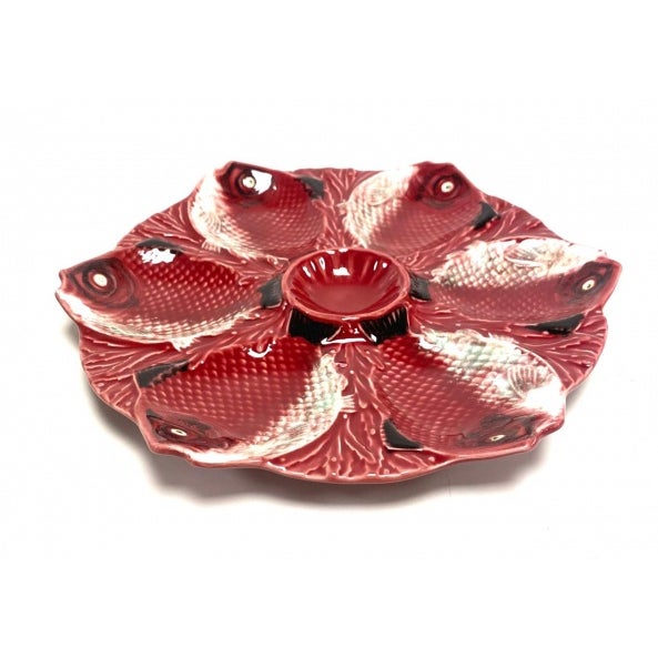 Mid-Century Modern Vintage Bordallo Pinheiro Red Fish Serving Platter Majolica Oyster Platter For Sale - Image 3 of 4