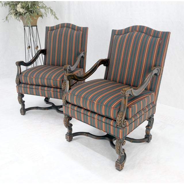 Textile Pair of Carved Bases & Arms Striped Upholstery Fire Side Arm Lounge Chairs MINT! For Sale - Image 7 of 18