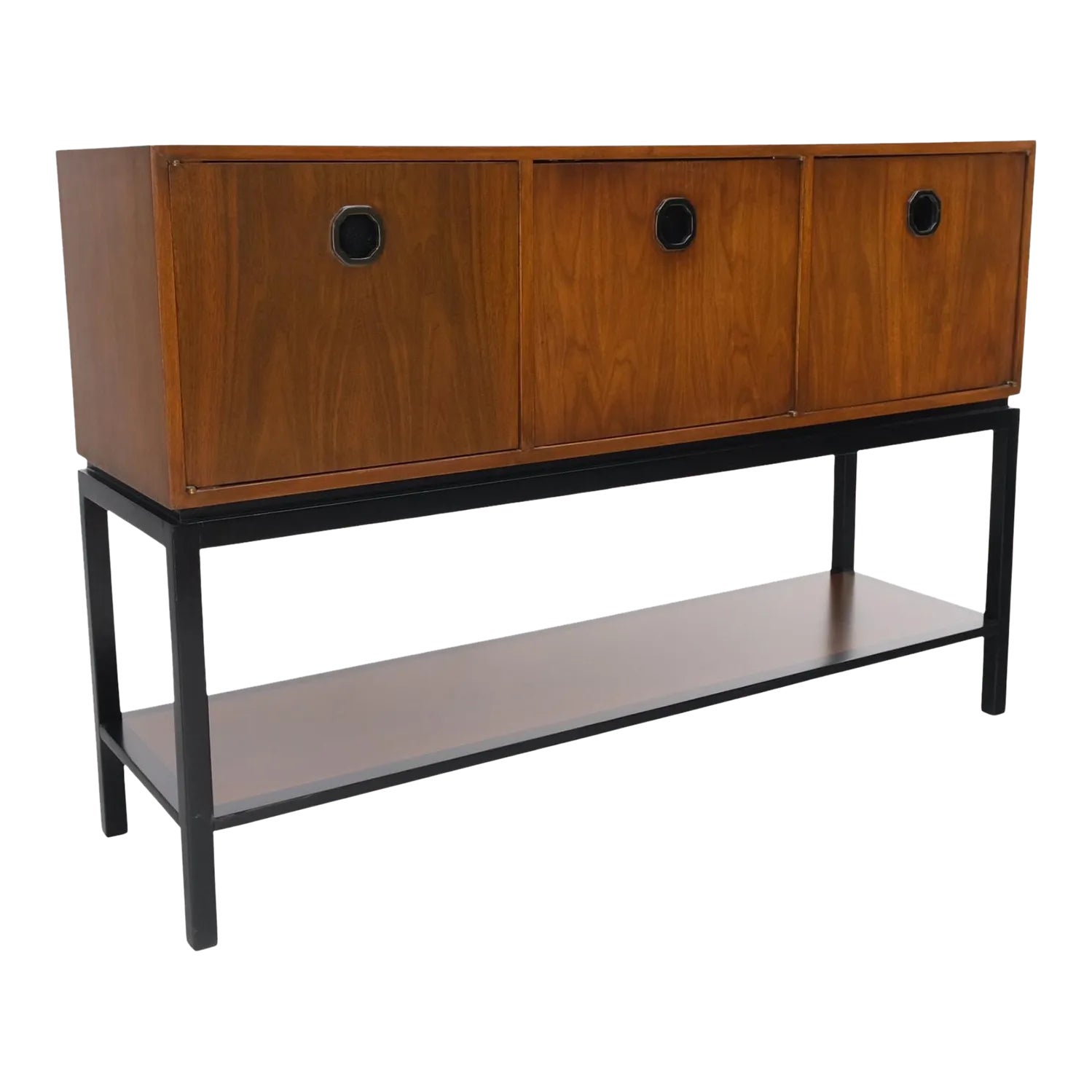 Ebonized Base Walnut Three Doors MidCentury Modern Credenza Console