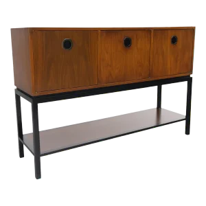Ebonized Base Walnut Three Doors Mid-Century Modern Credenza Console Cabinet