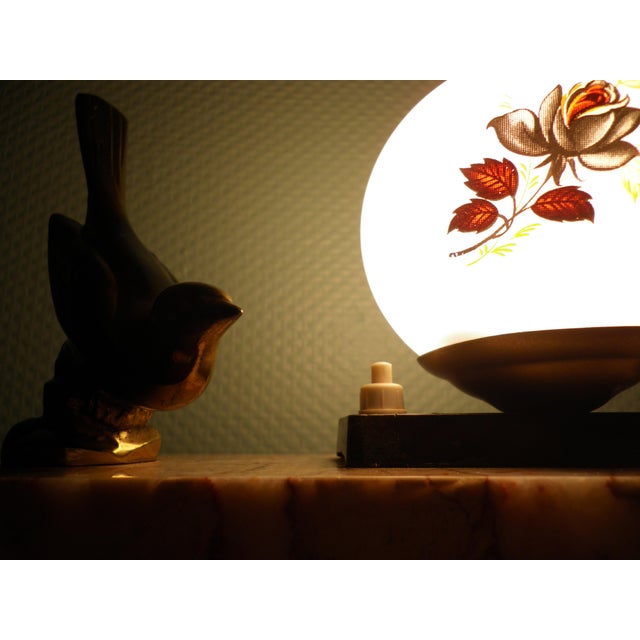 Table Lamp with Marble Base, Brass Bird Decoration and Opaline Lampshade, 1940s For Sale - Image 13 of 17